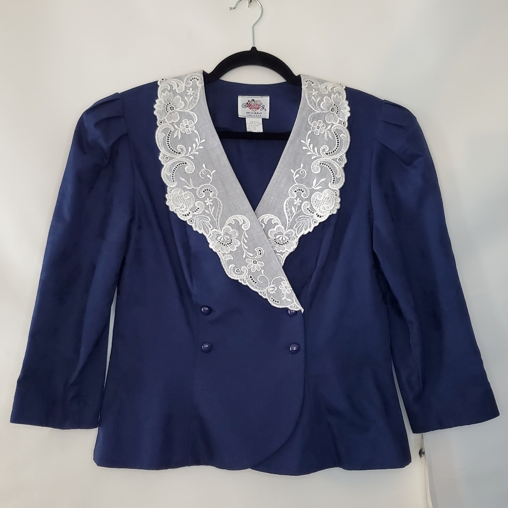 Vintage Blue Blazer Embroidered Floral White Collar 14 Cotton NEW Feminine Top